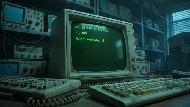 An old, beige retro computer monitor displays green command-line text, "System boot initialized" and "Retro computing...", flanked by vintage keyboards, evoking nostalgia for classic personal