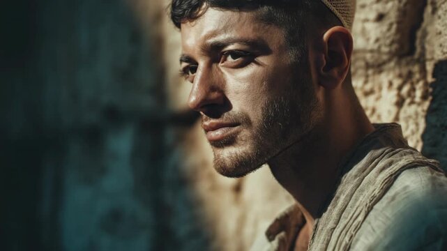 Jewish man praying at the Western Wall, wearing traditional attire, expressing deep faith and devotion at a sacred historical site in Jerusalem.