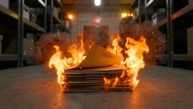 Highly sensitive top secret manila file folders engulfed in intense orange flames, signifying critical document destruction or intense security breach exposure.
