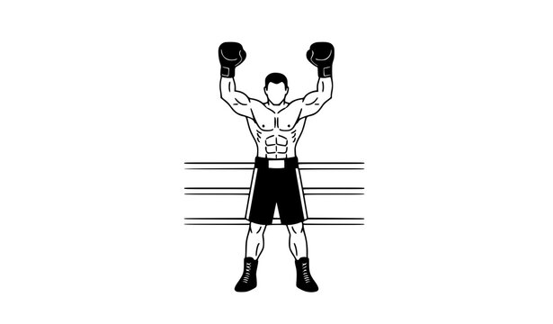 Muscular boxer winner in ring victory pose vector clipart illustration