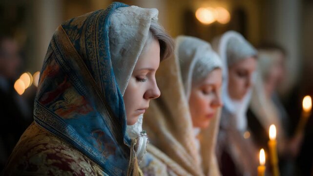 Group of Christian women with head coverings praying in church by candlelight, expressing faith, devotion, and spiritual unity in a peaceful sacred atmosphere.