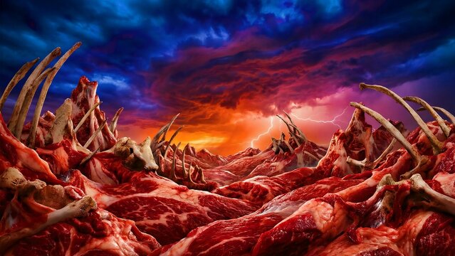 Macabre landscape crafted from raw red meat mounds and protruding white animal rib bones under a dramatic stormy sunset sky