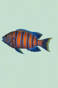 Harlequin Tuskfish, swimming against a pale green background