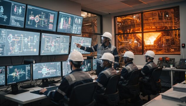Trainees engage with AI simulation dashboards in a smelter control room learning to optimize smelting processes and enhance energy efficiency under supervision.