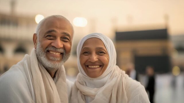 Happy senior Muslim couple in white robes for pilgrim journey 