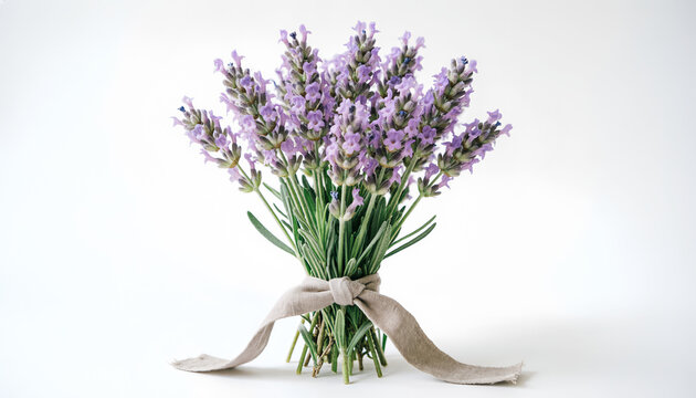 Buket bunga lavender ungu dengan pita krem di latar putih