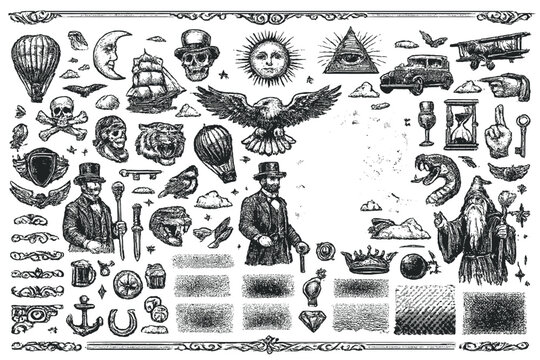 Vintage Engraving Illustration Elements Collection Retro Hand Drawn Set