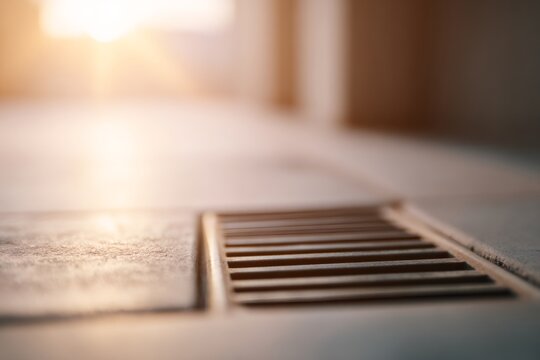A close-up of a floor drain grate in a modern interior. Industrial drainage system on a tiled surface with warm background light