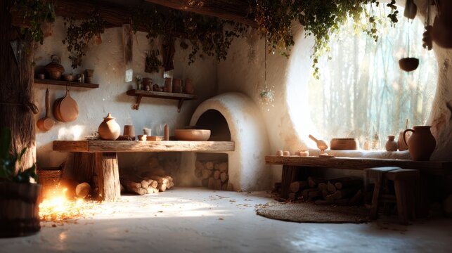 A warm and inviting kitchen filled with rustic charm, featuring natural wood accents and greenery that creates a peaceful and homey atmosphere perfect for cooking.