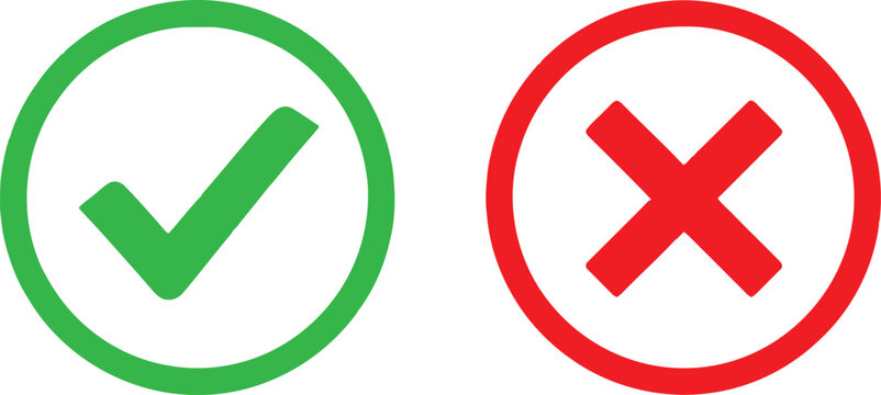 A green check mark and a red cross mark representing correct and incorrect choices on white back Vector