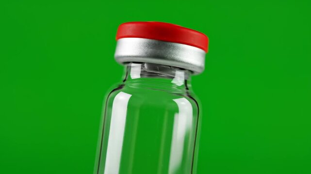 Medical glass vial with red cap on green screen background