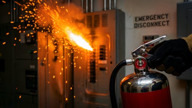 A gloved hand bravely operates a chrome and red fire extinguisher, directing its powerful stream towards a volatile electrical panel, actively combating an intense electrical arc flash and showering