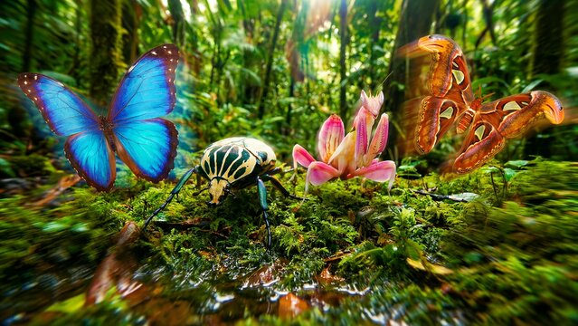 Vibrant collection of tropical insects including a blue morpho butterfly, flower mantis, atlas moth, and jewel scarab beetle on moss