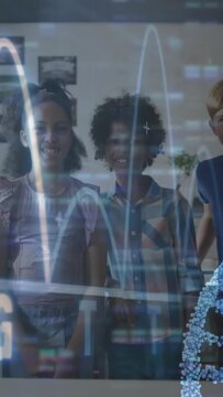 Vertical video: Kids smiling, transparent screen moving in lab showing waveform, ACG letters, DNA