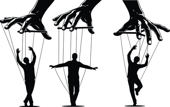 PrintBlack silhouette of giant puppet master hands controlling human marionettes with strings on white background conceptual illustration of power manipulation and authority influence (24 words)