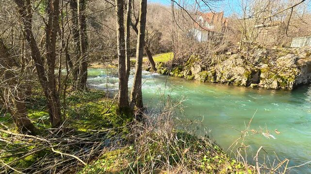 Turquoise River Flowing in Sunny Autumn. Ozren Mountain, Sokobanja region. Balkans, Serbia.