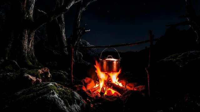 A glowing copper camping kettle hangs suspended over a crackling campfire nestled in a dark, mossy forest clearing under the stars
