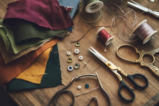Sewing tools and materials on wooden table