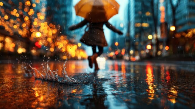 A joyful child, clad in a raincoat, leaps into puddles with an umbrella, embodying the pure happiness and carefree spirit of a rainy day playtime in an urban setting.