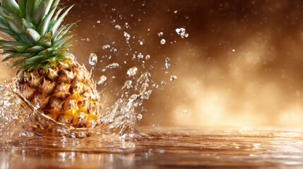 A vibrant pineapple splashes into clear water, creating dynamic droplets that capture the essence of freshness and vitality, perfect for food and drink themes in marketing.