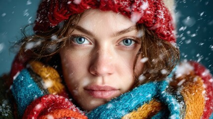 A striking portrait of a young woman in a colorful knit scarf and hat, showcasing her captivating eyes, evoking a sense of warmth amidst the cold winter snow surrounding her.