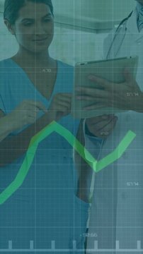Vertical video: Nurse tapping tablet while MD holding it, green med chart overlay rising for review
