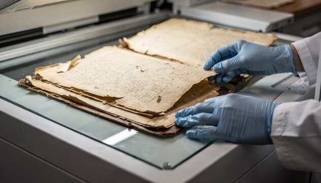 Medium shot focused on a technicians gloved hands midscan of old fragile pages using an overhead scanner highlighting meticulous handling with the scanning surface crisply