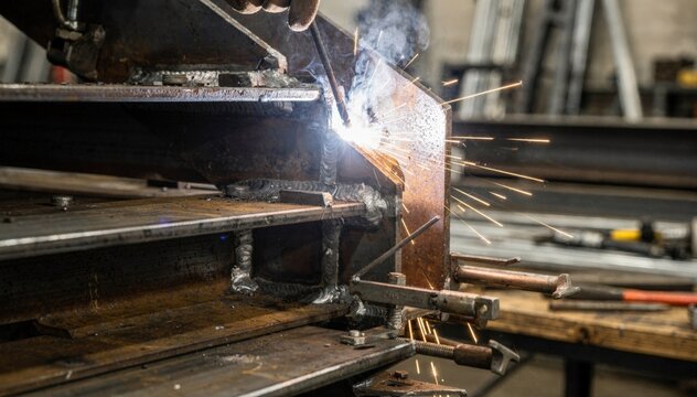 Welding metal stair stringers with precision to form strong interior staircases showcasing closeup details of bracket assembly in a workshop environment.