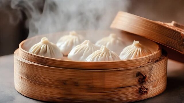 Steaming dumplings in a traditional wooden round bamboo basket. Hot asian food served for dining. Freshly cooked appetizer with rising vapor, oriental cuisine.