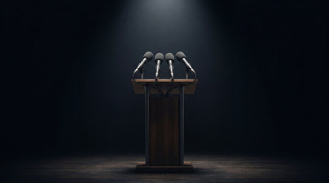 Resonant silence envelops a solemn wooden podium, four microphones poised beneath a singular, dramatic spotlight, anticipating profound words