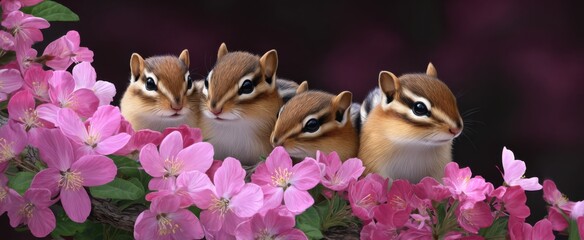 Obraz premium Adorable chipmunks nestle among vibrant spring blossoms in this charming scene.
