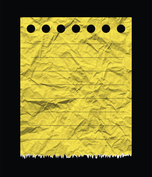 Yellow crumpled legal pad paper texture with lines, Wrinkled yellowed vintage school paper sheet with hole punches