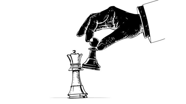 Animation of hand holding black chess pawn figure and knocking down the white queen. Business concept of checkmate strategy and game