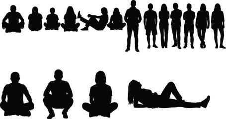 WebLarge collection of black people silhouettes in various poses including standing, sitting, squatting, and lying down isolated on white background for creative graphic design projects. © Mst