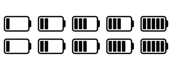 vector battery icon set, battery gauge and charge status symbols, almost full battery glyph icons on white background, clean minimal flat design, modern ui ux illustration for energy and device power  © Rose