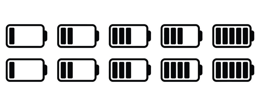 vector battery icon set, battery gauge and charge status symbols, almost full battery glyph icons on white background, clean minimal flat design, modern ui ux illustration for energy and device power 