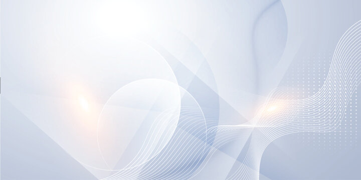 Abstract light blue and white background with flowing waves, circles, dot pattern and glowing light for modern technology presentation design