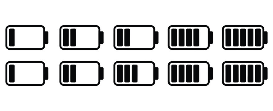 vector battery icon set, battery gauge and charge status symbols, almost full battery glyph icons on white background, clean minimal flat design, modern ui ux illustration for energy and device power 