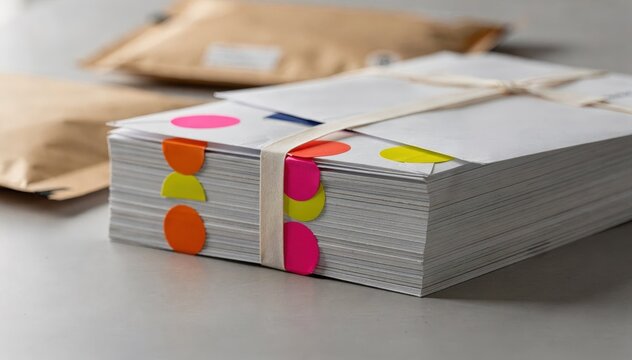 Medium shot of stacked uncorrected proofs with bright stickers the main bundle sharply focused against a softly blurred background of padded envelopes.