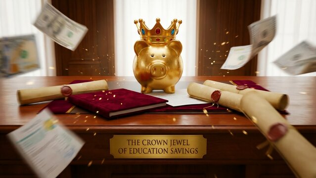 A majestic golden piggy bank, adorned with a sparkling gem-studded crown, symbolizes the paramount importance and regal value of diligently saving money for a bright educational future, highlighted