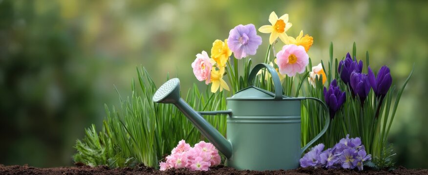 Spring flowers and a watering can for seasonal garden care and lawn maintenance tasks.