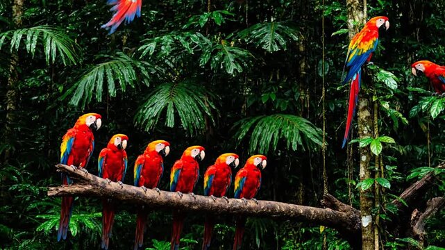 Vibrant macaws perch on a branch in the lush tropical rainforest