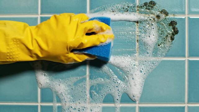 A gloved hand scrubs dirty tiles with a sponge and soap.