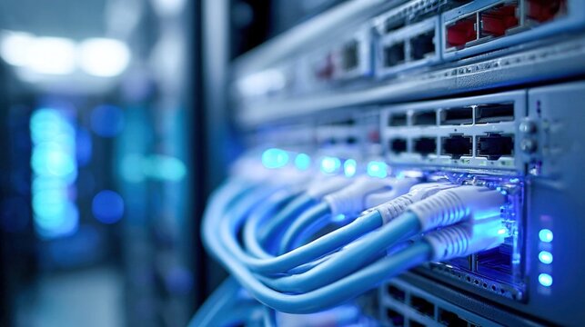 Close-up of blue ethernet cables plugged into a server rack with glowing lights