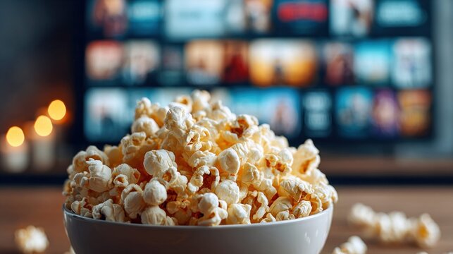Bowl of popcorn in front of a blurred TV screen showing movie thumbnails