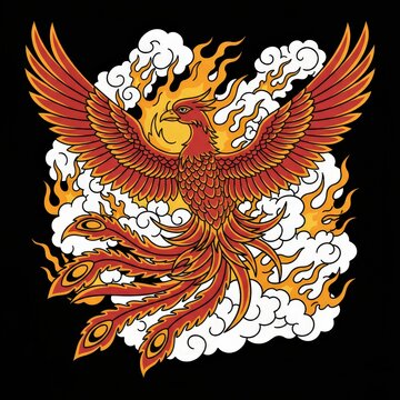 Japanese style phoenix illustration with fire and clouds, mythical firebird rising from flames, red and gold phoenix bird art on black background