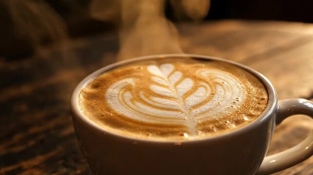 Steaming hot latte art coffee cup with intricate foam design and rising steam