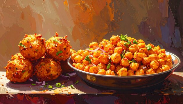 Spicy roasted chickpeas snack with onion and green chili garnish on rustic background.