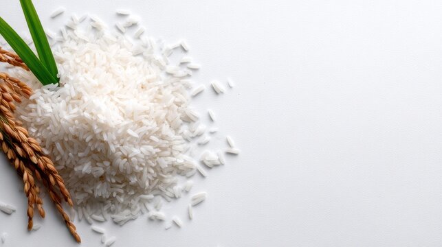 A beautiful arrangement of uncooked white rice scattered next to vibrant green rice stalks, showcasing the essence of agriculture and natural food sources.