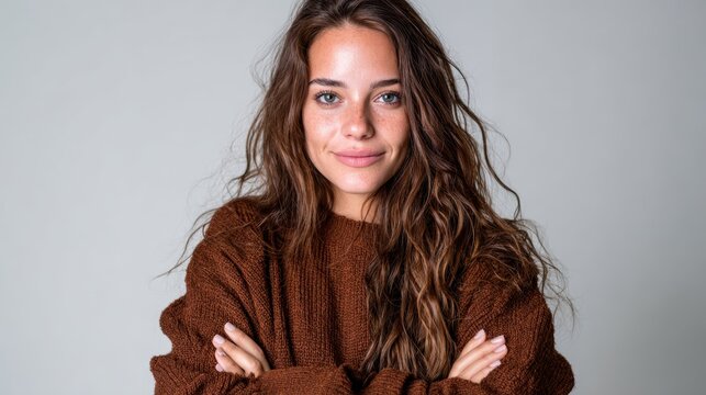 A stylish young woman with long hair stands confidently with arms crossed, radiating self-assurance and elegance in a simple yet striking portrait against a neutral backdrop.